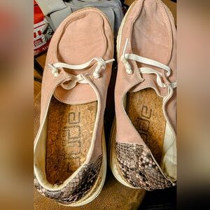 Hey Dude Women's Blush Pink Slip-On Flats with Snakeskin Heel Accent